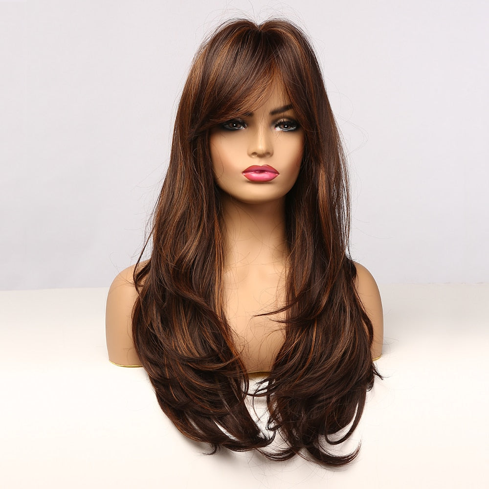 Synthetic Long Wavy Dark Brown Golden Highlight Wig Cosplay Wig with Bangs Heat Resistant