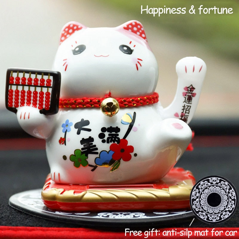 Ceramic Lucky Cat Solar Powered Maneki Neko Waving Arm Beckoning Fortune Welcoming Cat with Car Mat Desktop Decor Charm Gift
