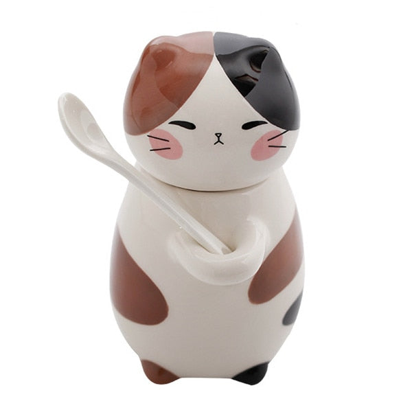 Cute Cat Ceramics Coffee Mug With Spoon Creative Hand Painted Drinkware Milk Tea Cups Gifts