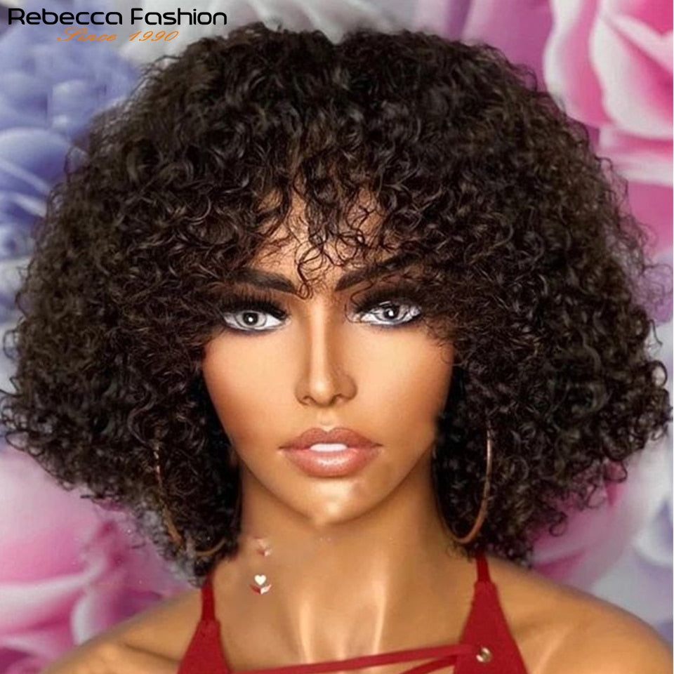 Jerry Curly Short Pixie Bob Cut Human Hair With Bangs Non lace front Highlight Honey Blonde Colored Wigs For Women