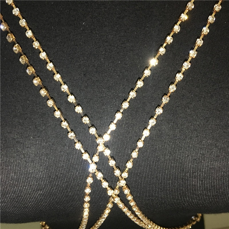 Shining Rhinestones Chest Cross Body Chain Boho Multi Layers Chest Chain Harness Body Jewellery Jewelry Crystal Chest