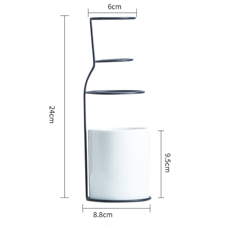 Nordic Minimalist Ceramic Flower Vase with Iron Holder Hydroponic Pot Modern Dried Flowers Container Planter Home Decoration