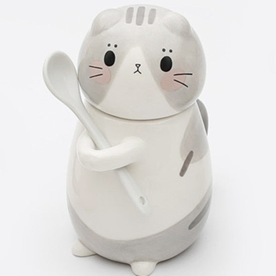 Cute Cat Ceramics Coffee Mug With Spoon Creative Hand Painted Drinkware Milk Tea Cups Gifts