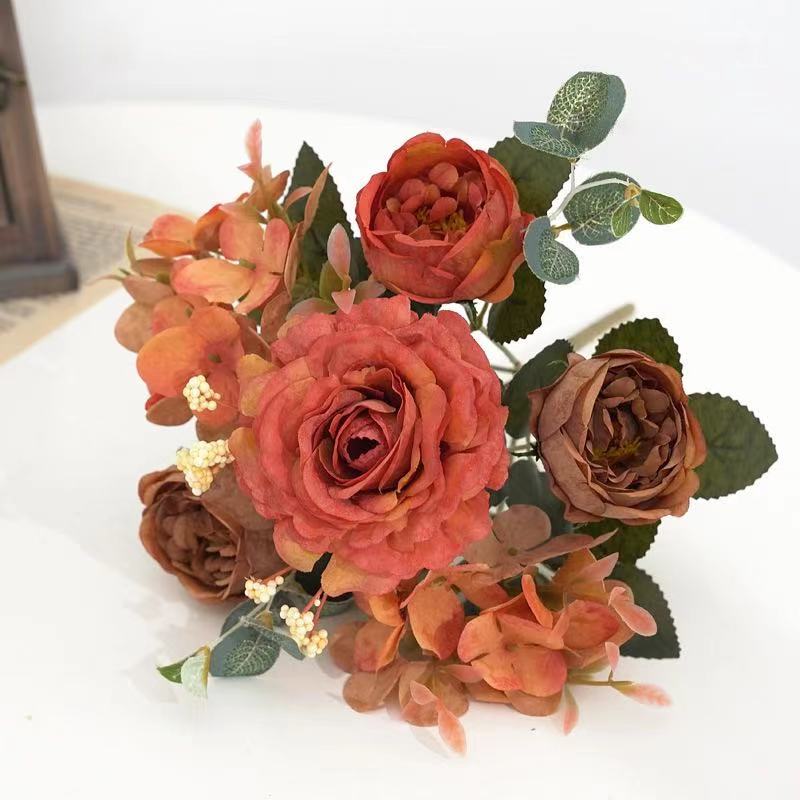 Artificial Flowers Retro Silk Rose Bouquet Hydrangea Peony Vintage Bride Holding Fake Flower Home Wedding Decoration