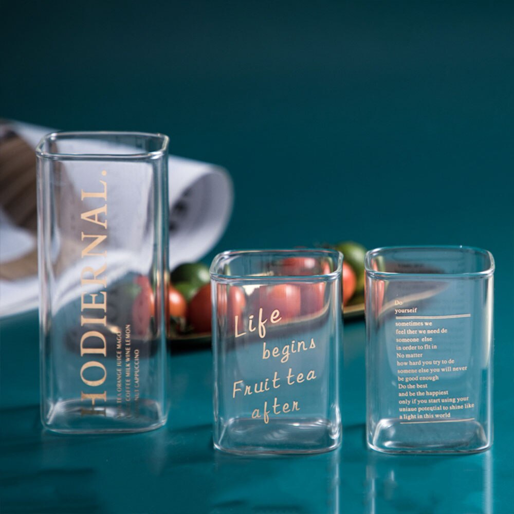 Creative Square Glass Mug Gold Letter Printing Breakfast Milk Coffee Cup Crystal Transparent Heat-resistant Home Drinkware