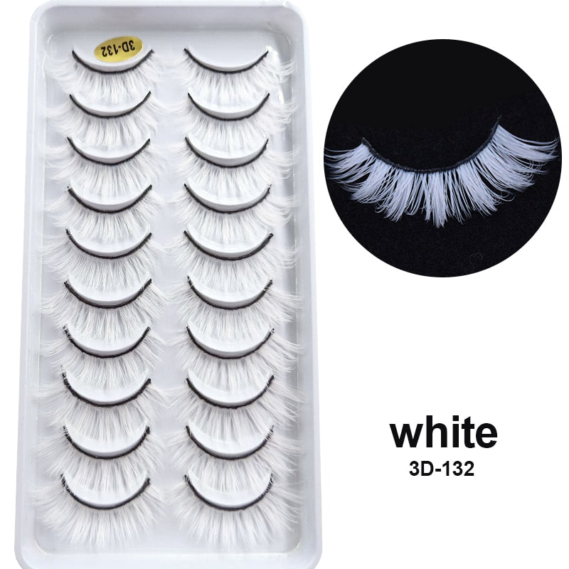 10Pairs/Lot Rainbow Colorful Mink False Eyelashes White Bulk Red Purple Blue Colors Fake Lashes for Dolls Cosplay