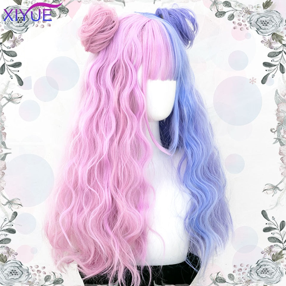 Blue Pink Lolita Wigs Ombre Long Water Wave Cosplay Wigs Synthetic Hair Wigs Heat Resistant For Women