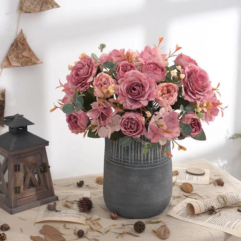 Artificial Flowers Retro Silk Rose Bouquet Hydrangea Peony Vintage Bride Holding Fake Flower Home Wedding Decoration