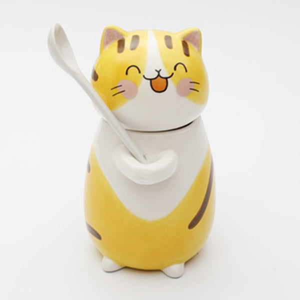 Cute Cat Ceramics Coffee Mug With Spoon Creative Hand Painted Drinkware Milk Tea Cups Gifts