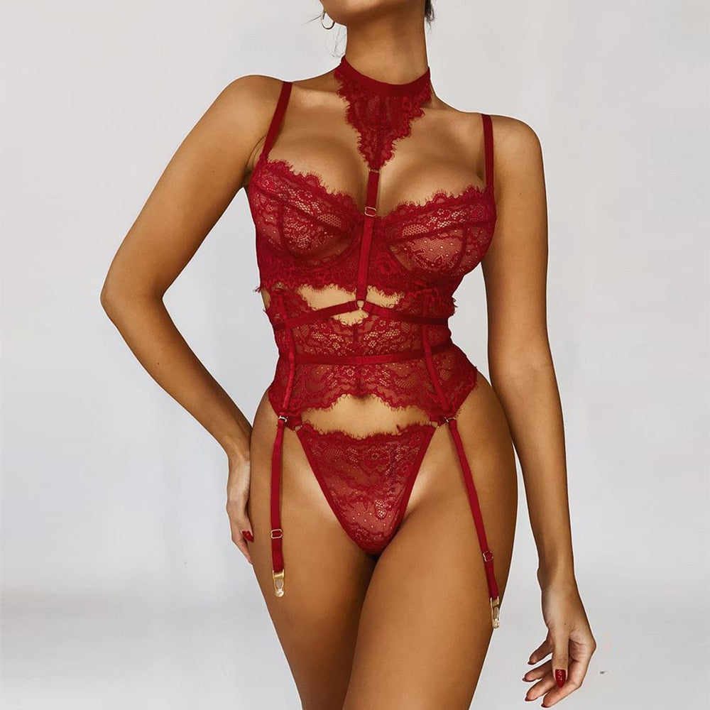 Underwear Sexy Lingerie 3-Pieces Transparent Bra Lace Suit Sexy Garter Belt With Stockings Woman Erotic Intimate