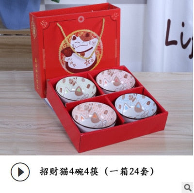Ceramic Tableware Lucky Cat Set Blue and White Porcelain Bowl Gift Box