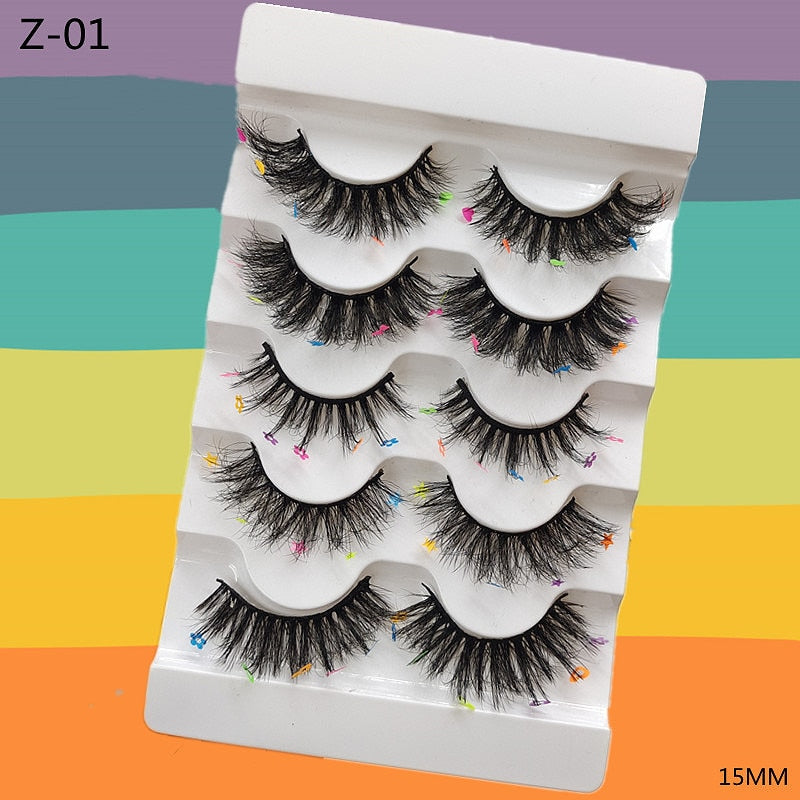 5 Pairs Red Green Yellow Pink Colored Eyelashes for Wholesale Colorful Faux Lashes in Bulk with butterfly and flowers ombre