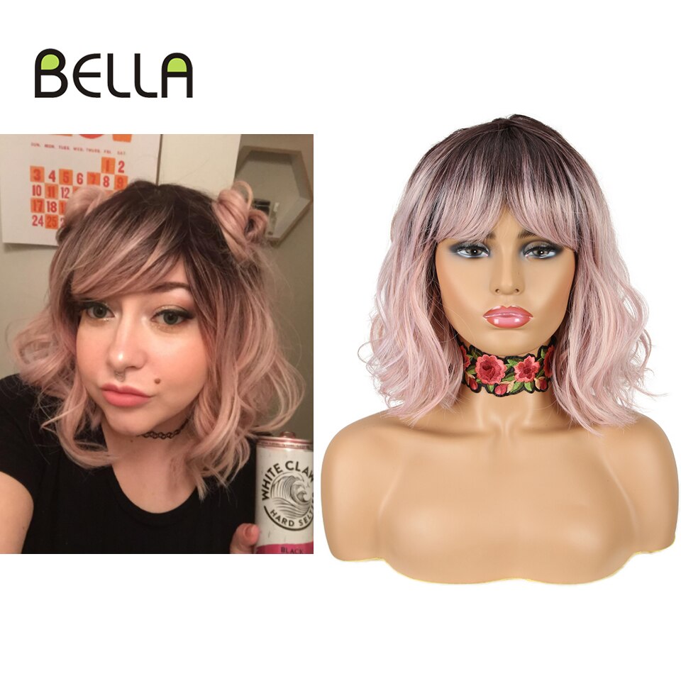Bella Bob Wig Short Synthetic Wig 12 Inch Omber Blue Hair Curly Bob Wig Heat Resistant Wig With Bangs Cosplay Wig