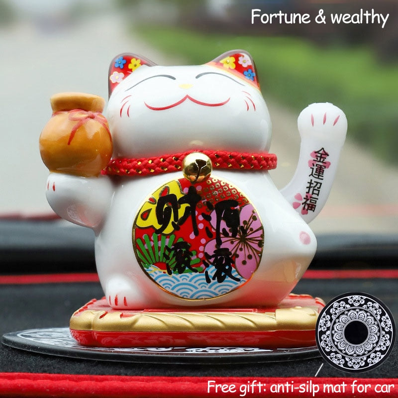 Ceramic Lucky Cat Solar Powered Maneki Neko Waving Arm Beckoning Fortune Welcoming Cat with Car Mat Desktop Decor Charm Gift