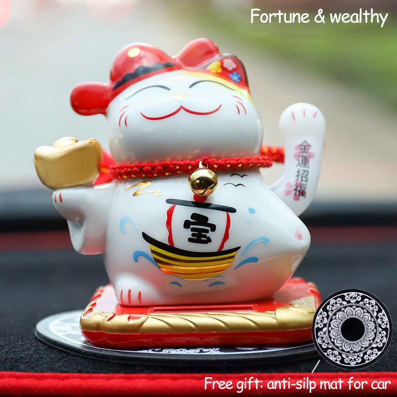 Ceramic Lucky Cat Solar Powered Maneki Neko Waving Arm Beckoning Fortune Welcoming Cat with Car Mat Desktop Decor Charm Gift