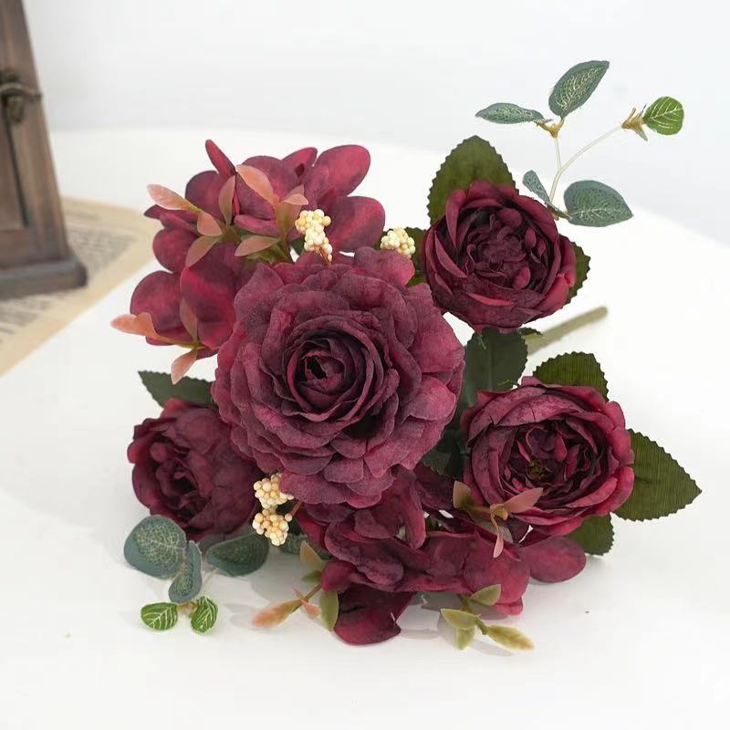 Artificial Flowers Retro Silk Rose Bouquet Hydrangea Peony Vintage Bride Holding Fake Flower Home Wedding Decoration