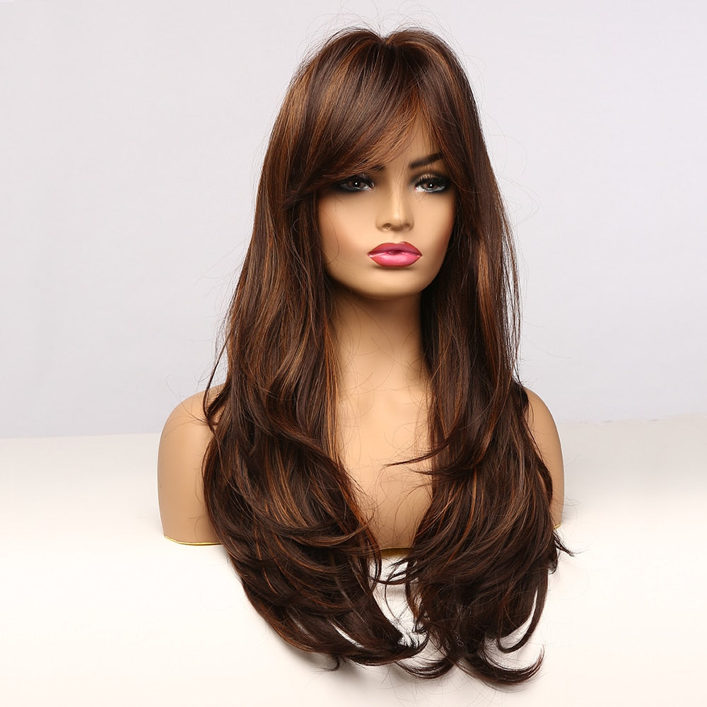 Synthetic Long Wavy Dark Brown Golden Highlight Wig Cosplay Wig with Bangs Heat Resistant
