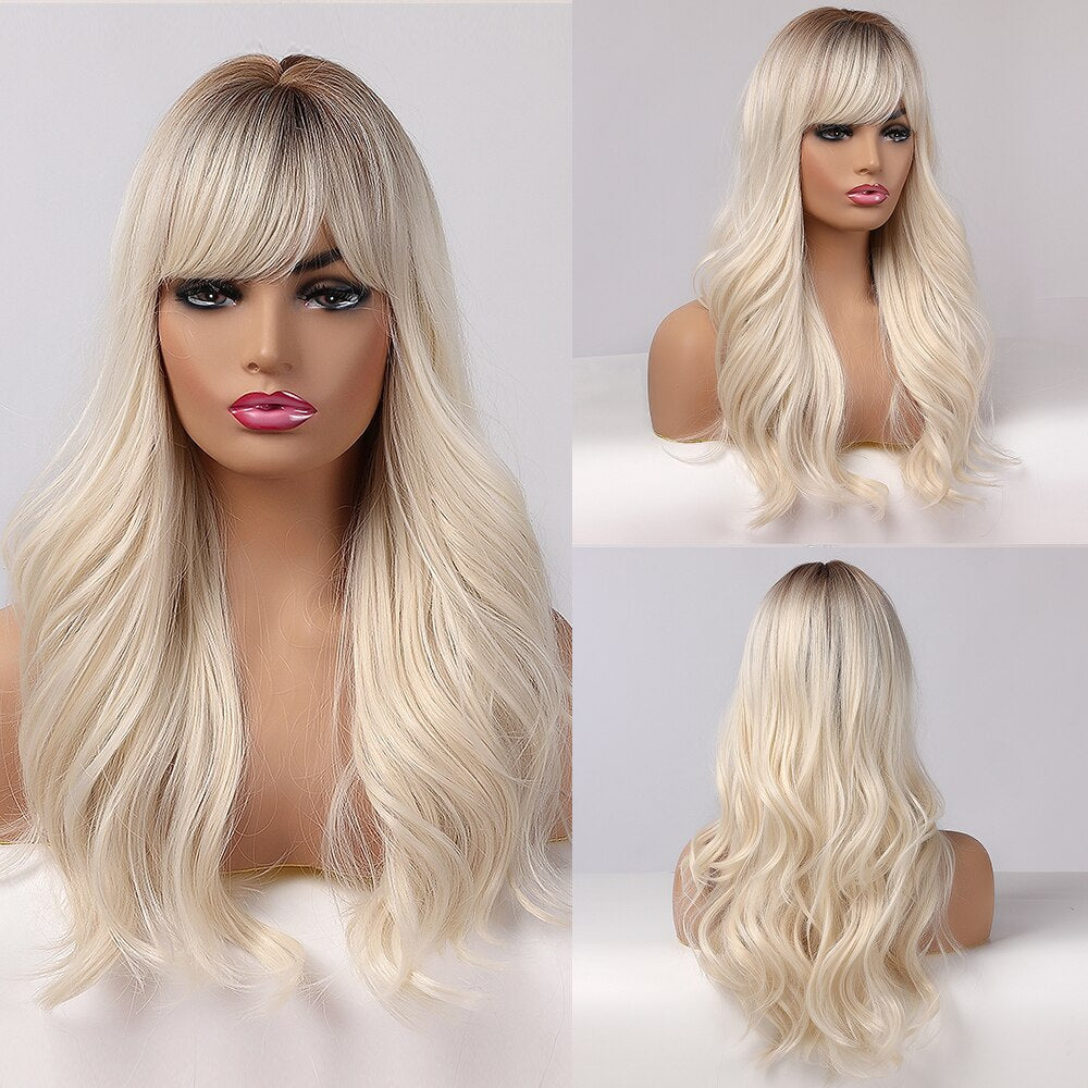 Synthetic Long Wavy Dark Brown Golden Highlight Wig Cosplay Wig with Bangs Heat Resistant