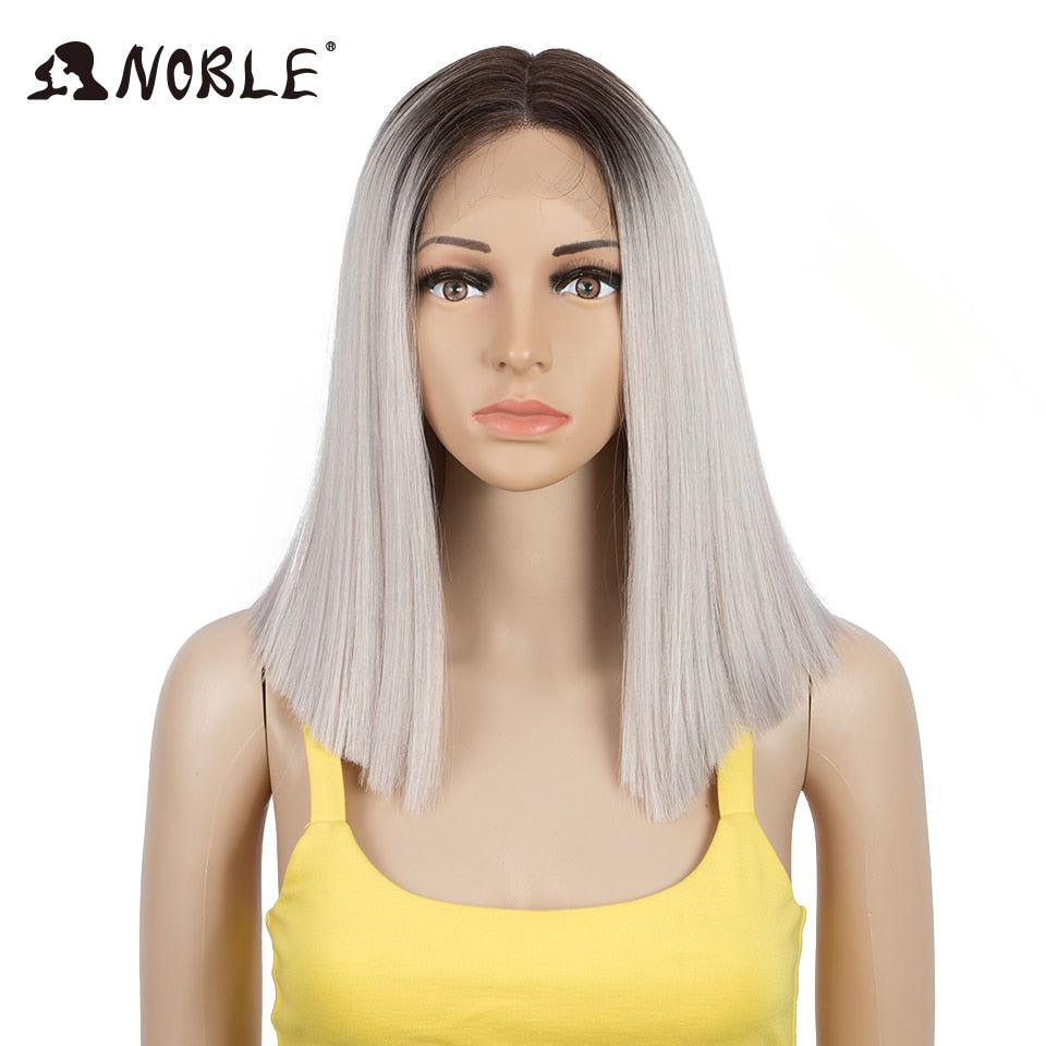 Noble Cosplay Synthetic Lace Wig Short Bob Straight 14 Inch Pink Ombre Blonde Wigs Synthetic Lace Wigs
