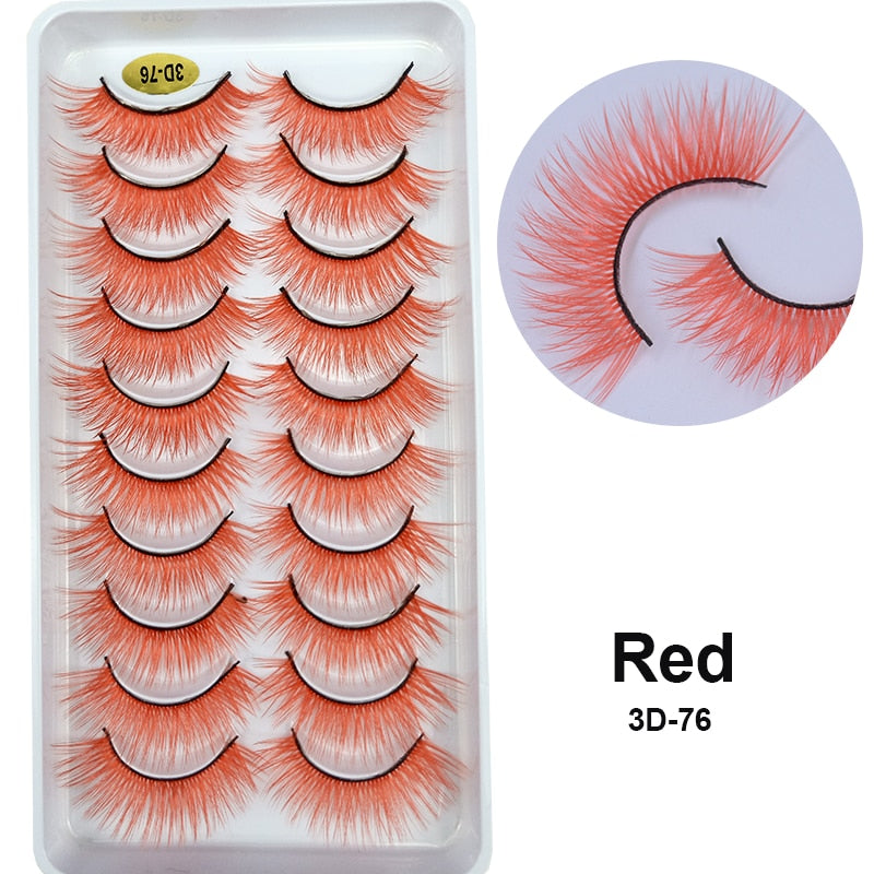 10Pairs/Lot Rainbow Colorful Mink False Eyelashes White Bulk Red Purple Blue Colors Fake Lashes for Dolls Cosplay