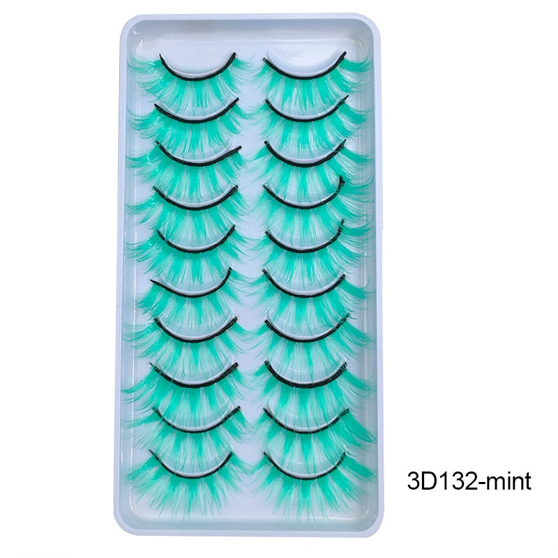 10Pairs/Lot Rainbow Colorful Mink False Eyelashes White Bulk Red Purple Blue Colors Fake Lashes for Dolls Cosplay