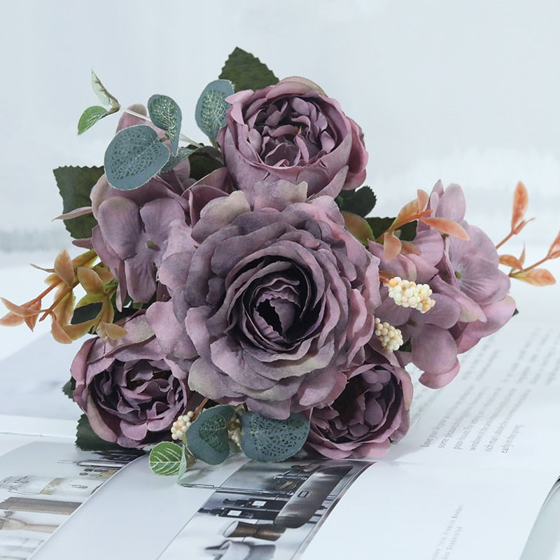 Beautiful Hydrangea Roses Artificial Flowers for Home Wedding Decorations High Quality Autumn Bouquet Mousse Peony Fake Flower