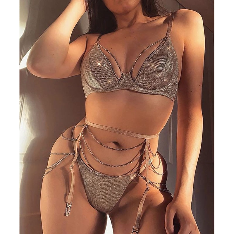 Sparkle Chain Push Up Bra And Panty Set Women Rhinestone Intimates Lingerie Set Underwear Bralette Sexy Brief Set