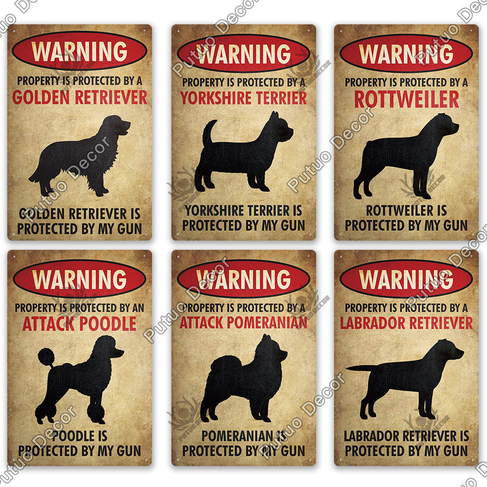 Putuo Decor Dog Warning Vintage Tin Sign Metal Sign Lover Protected Pet Sign Wall Decor Farm Home Kennel Doghouse Decoration