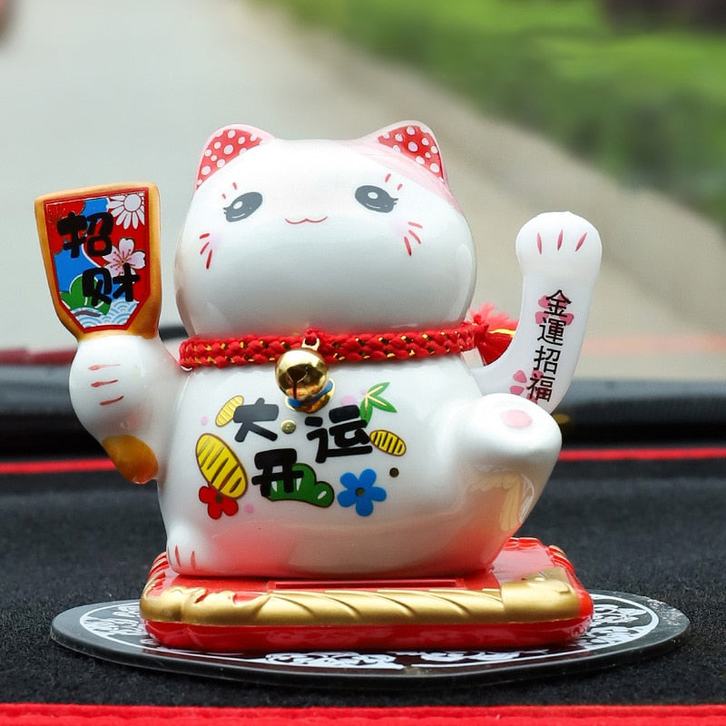 Ceramic Lucky Cat Solar Powered Maneki Neko Waving Arm Beckoning Fortune Welcoming Cat with Car Mat Desktop Decor Charm Gift