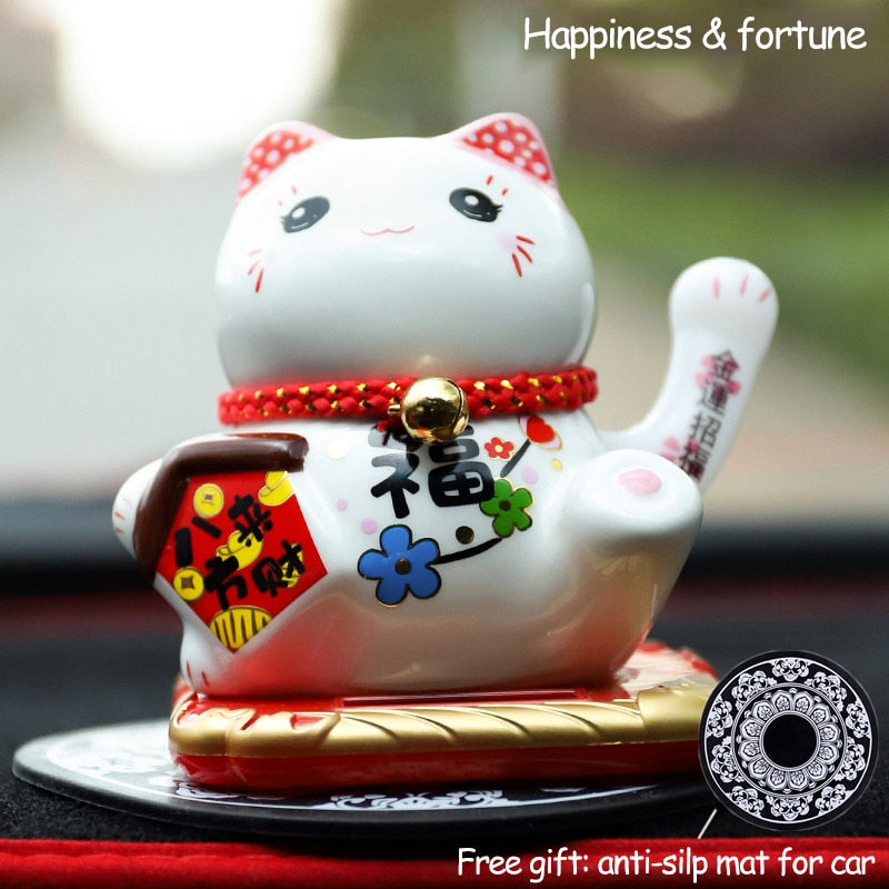 Ceramic Lucky Cat Solar Powered Maneki Neko Waving Arm Beckoning Fortune Welcoming Cat with Car Mat Desktop Decor Charm Gift