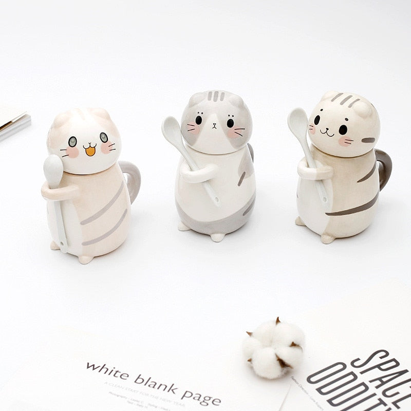 Cute Cat Ceramics Coffee Mug With Spoon Creative Hand Painted Drinkware Milk Tea Cups Gifts