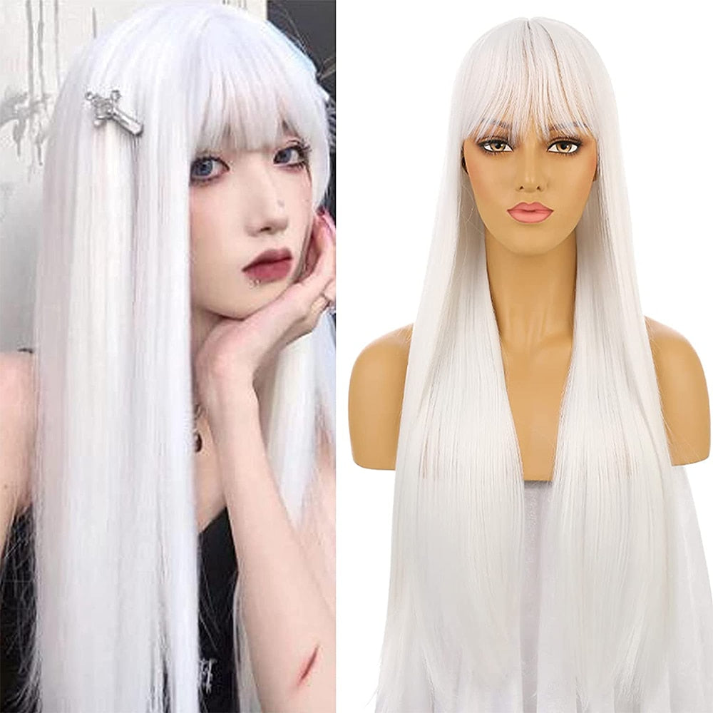 26 Inch Long Straight With Bangs White Wig Cosplay Red Green Lolita Ladies Anime High Temperature Fiber Synthetic Wig