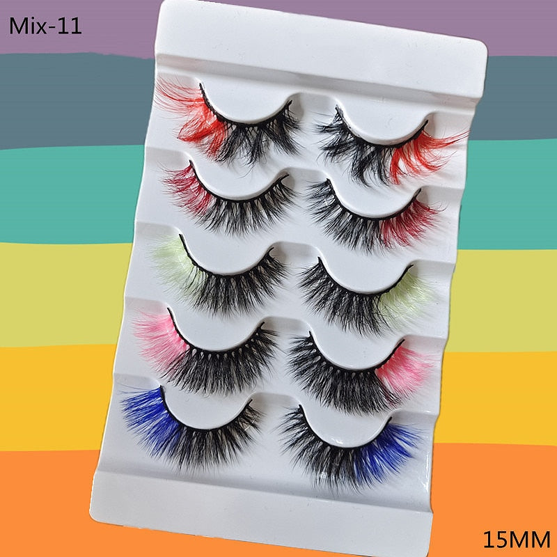 5 Pairs Red Green Yellow Pink Colored Eyelashes for Wholesale Colorful Faux Lashes in Bulk with butterfly and flowers ombre