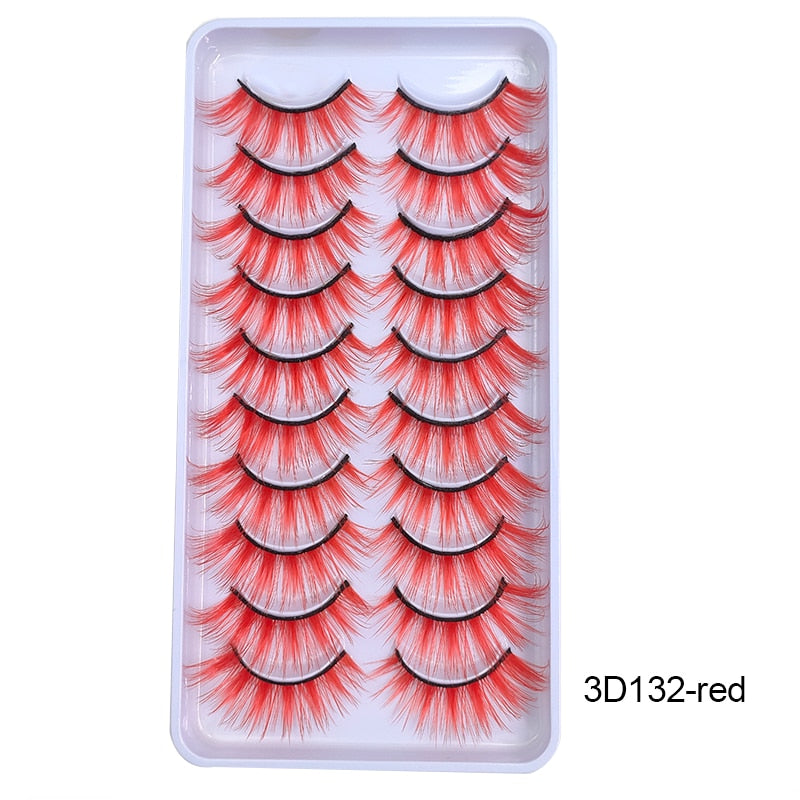 10Pairs/Lot Rainbow Colorful Mink False Eyelashes White Bulk Red Purple Blue Colors Fake Lashes for Dolls Cosplay