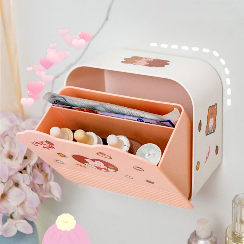 Kawaii Storage Organizer Adhesive Large Storage Box Sanitary Napkin Cosmetics Organizer Decorative Box Bathroom Accessories