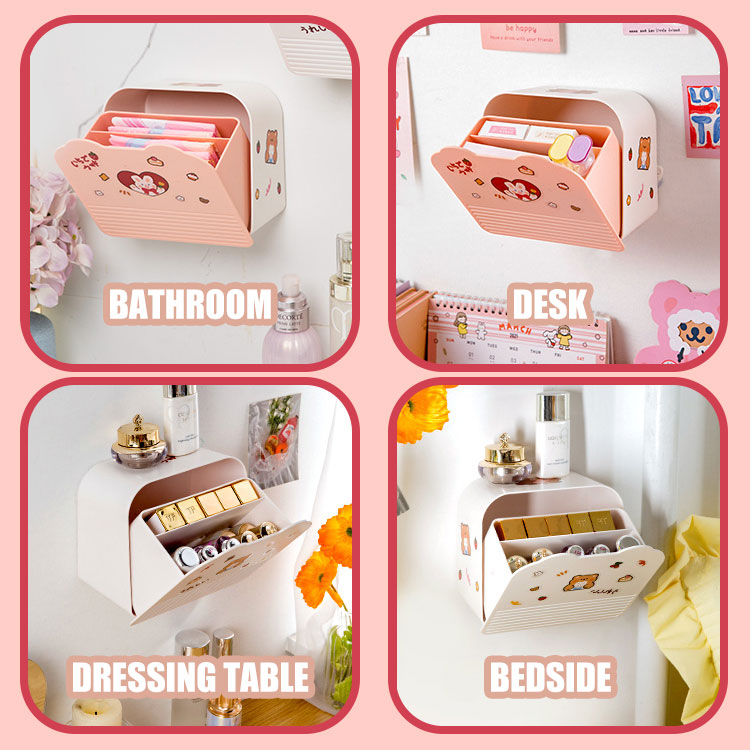Kawaii Storage Organizer Adhesive Large Storage Box Sanitary Napkin Cosmetics Organizer Decorative Box Bathroom Accessories