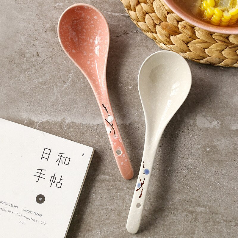 Japanese Ceramic Spoon Handpainting Porcelain Soup Spoon Kitchen Cooking Utensil Tool Tableware