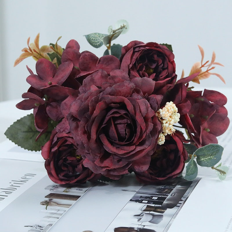 Beautiful Hydrangea Roses Artificial Flowers for Home Wedding Decorations High Quality Autumn Bouquet Mousse Peony Fake Flower