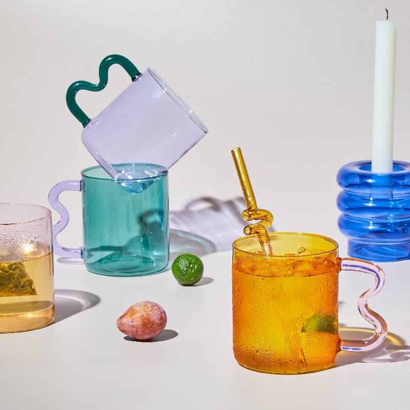 Colored Glass Cups Colorful Waved Ear Glass Mug Handmade Simple Wave Coffee Cup