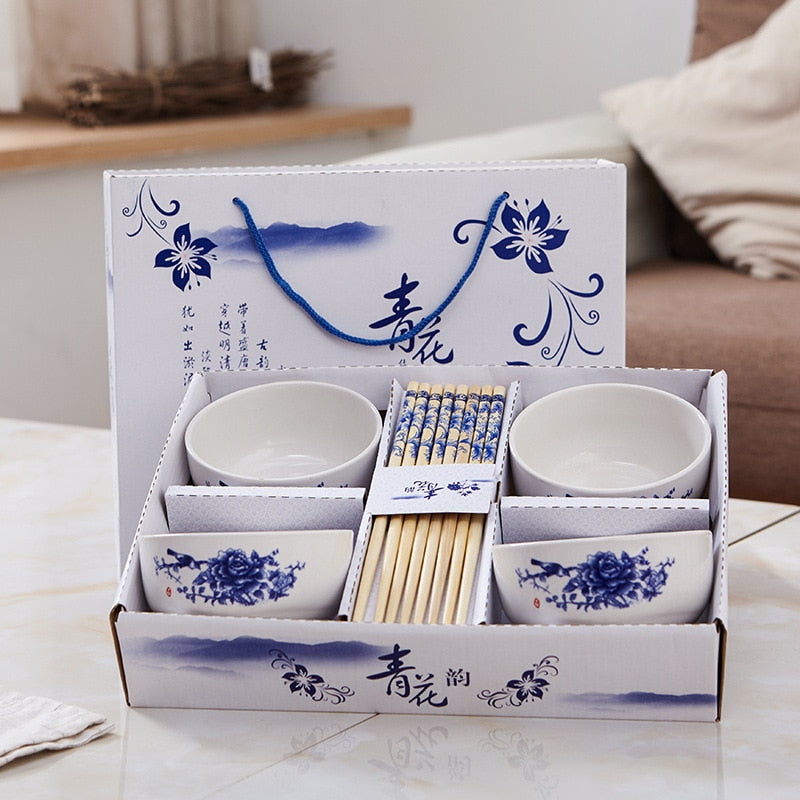 Ceramic Tableware Lucky Cat Set Blue and White Porcelain Bowl Gift Box