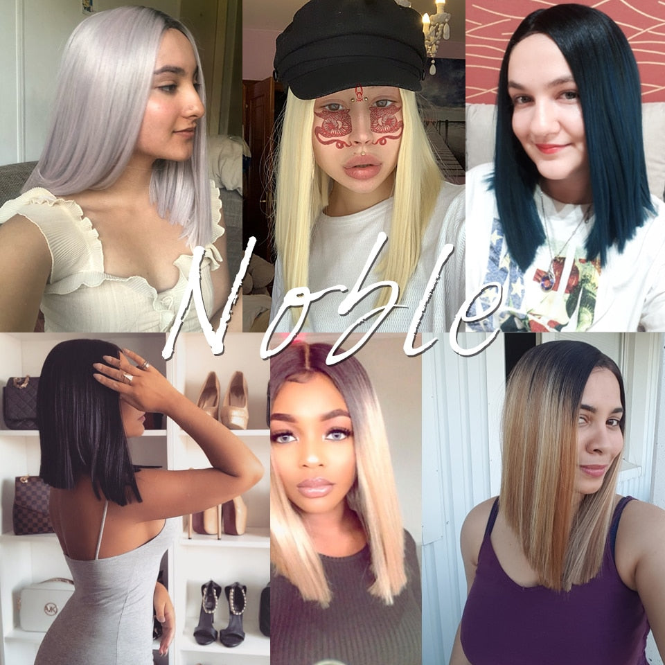 Noble Cosplay Synthetic Lace Wig Short Bob Straight 14 Inch Pink Ombre Blonde Wigs Synthetic Lace Wigs