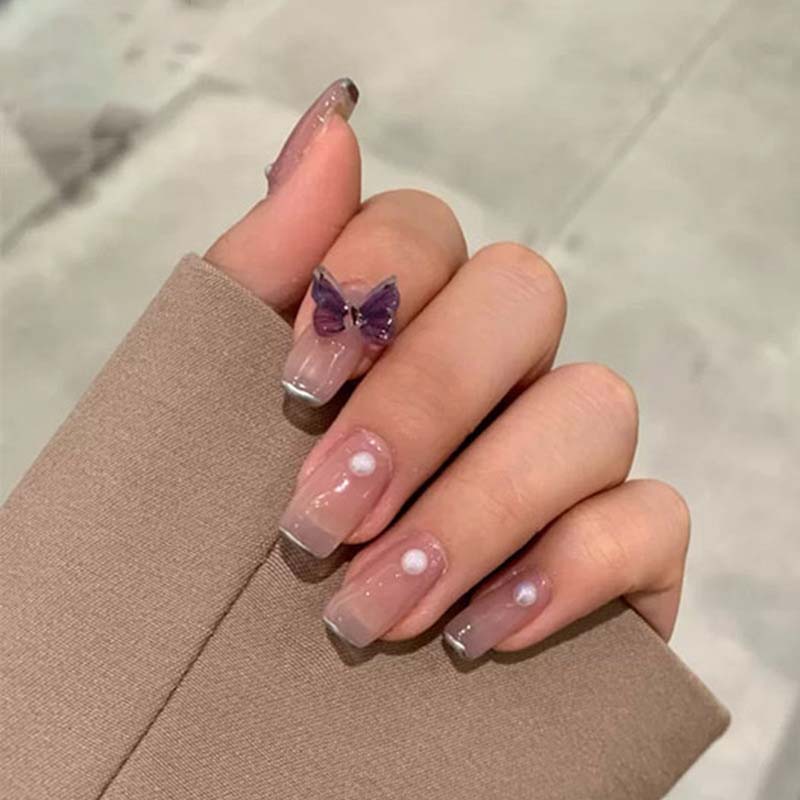 24Pcs/Box Long French False Nail Ballerina Fake Nails Yellow Butterfly Pattern Square Decal False Nails Press On Nail Tips