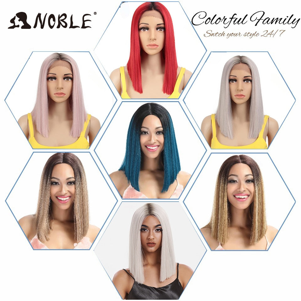 Noble Cosplay Synthetic Lace Wig Short Bob Straight 14 Inch Pink Ombre Blonde Wigs Synthetic Lace Wigs