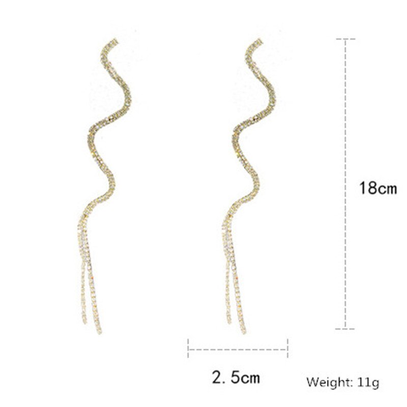 Long Tassel Crystal Drop Earring Shiny Gold Silver Color S Shape Rhinestone Dangle Earring for Women Wedding Party Jewelry