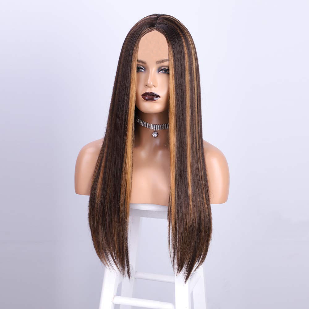 26 Inch Long Straight High Gloss Hair Gradient Color Synthetic Wig Golden Brown Ladies Wine Red Cosplay Wig