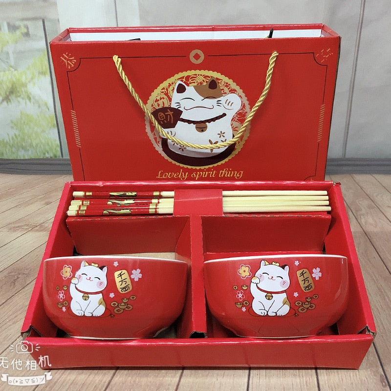 Ceramic Tableware Lucky Cat Set Blue and White Porcelain Bowl Gift Box