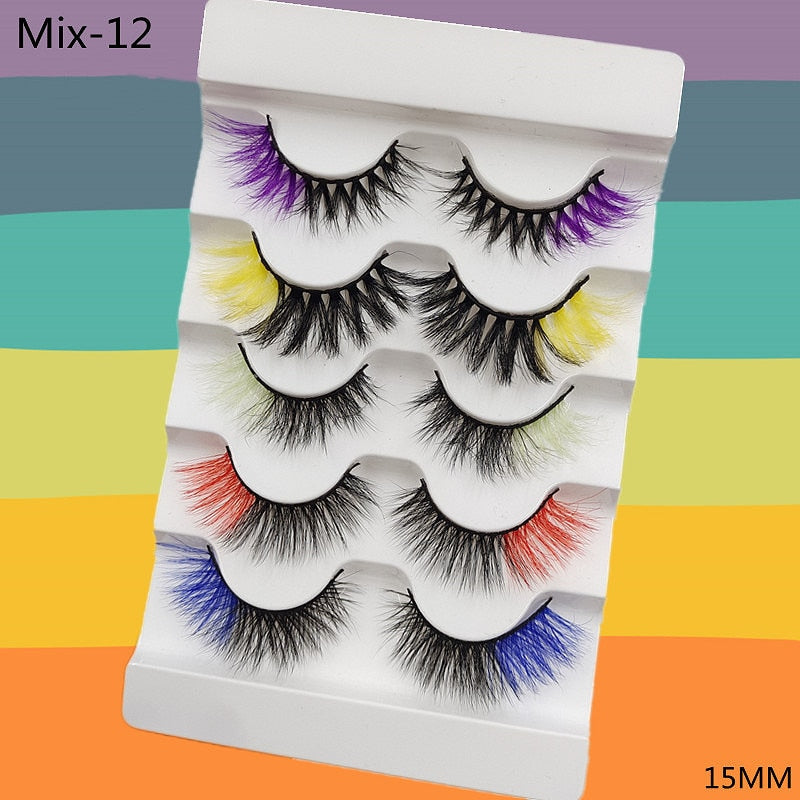 5 Pairs Red Green Yellow Pink Colored Eyelashes for Wholesale Colorful Faux Lashes in Bulk with butterfly and flowers ombre