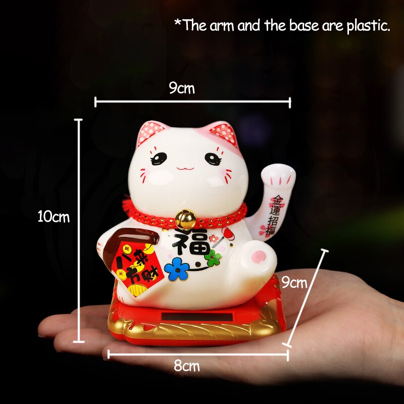 Ceramic Lucky Cat Solar Powered Maneki Neko Waving Arm Beckoning Fortune Welcoming Cat with Car Mat Desktop Decor Charm Gift