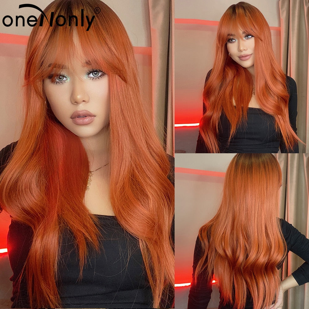 Orange Ginger Wig Female Long Wavy Women Wigs Natural Cosplay Lolita Daily Hair with Bangs Heat Resistant Fiber