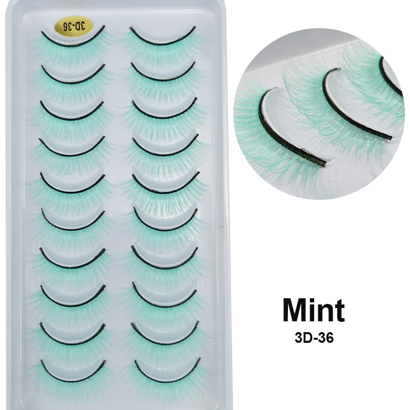 10Pairs/Lot Rainbow Colorful Mink False Eyelashes White Bulk Red Purple Blue Colors Fake Lashes for Dolls Cosplay